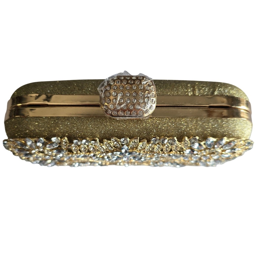 Gold Rhinestone Filigree Evening Clutch Bag Detachable Chain Formal Minaudiere - Picture 5 of 9